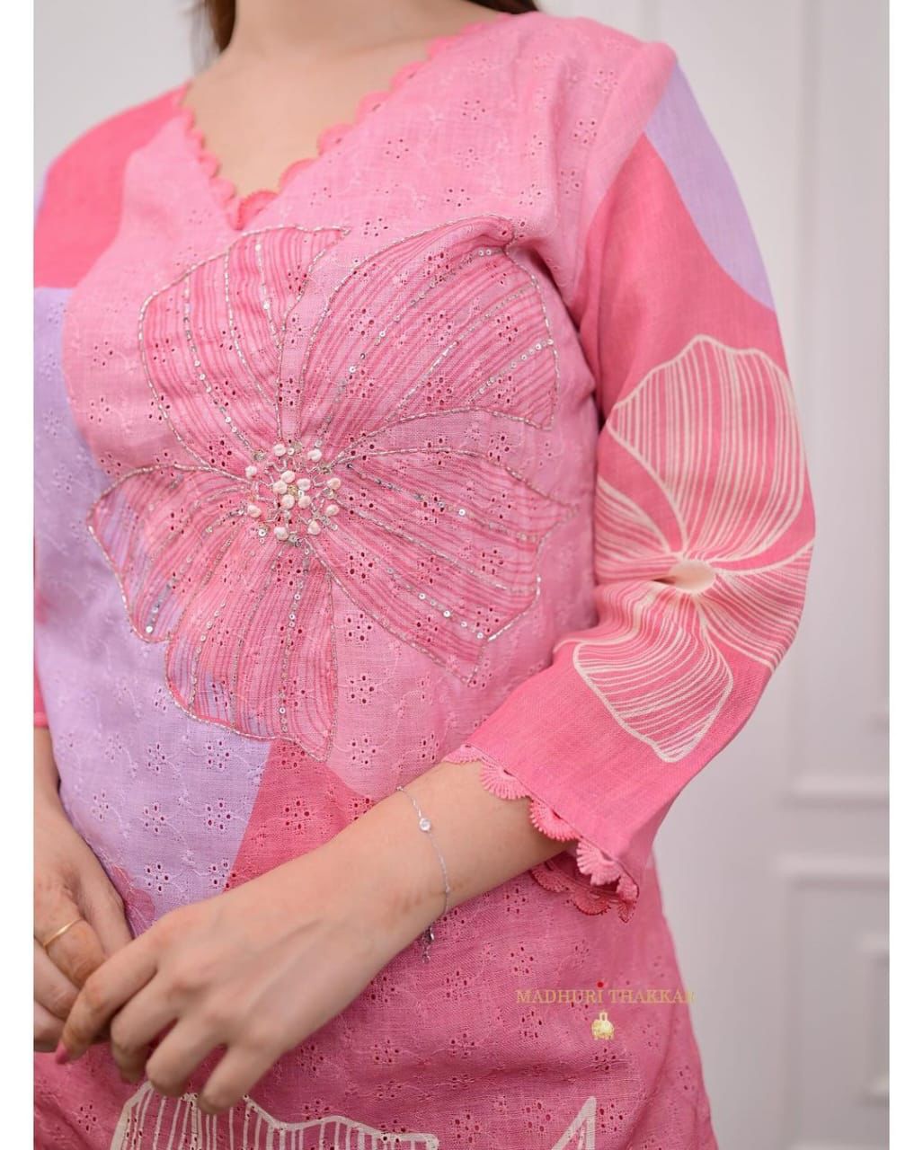 Pink Premium Muslin Kurti, Pant and Dupatta set with Schifili