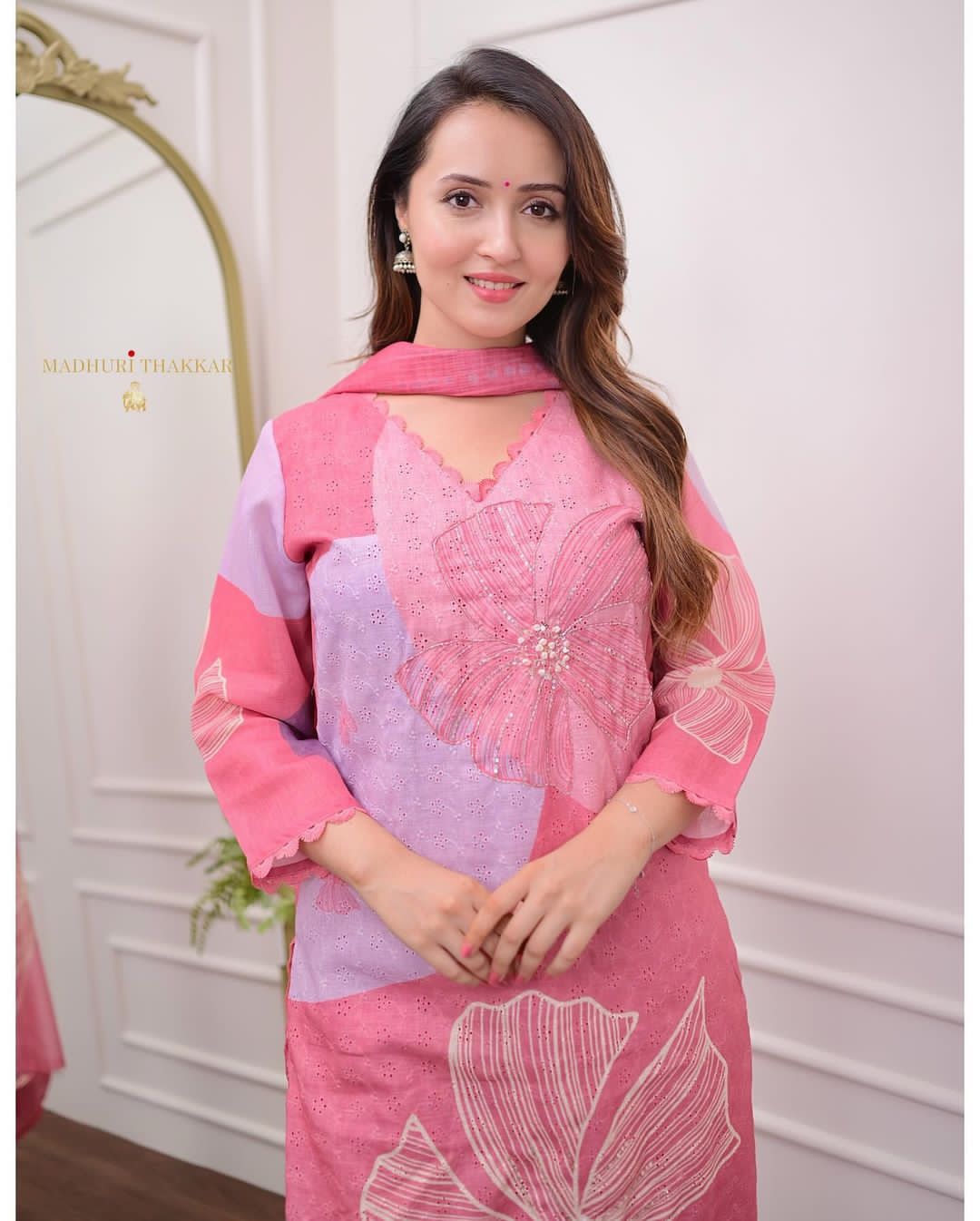 Pink Premium Muslin Kurti, Pant and Dupatta set with Schifili