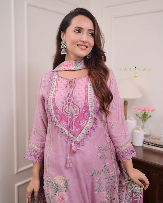 Baby Pink Premium Muslin Kurti, Pant and Dupatta set