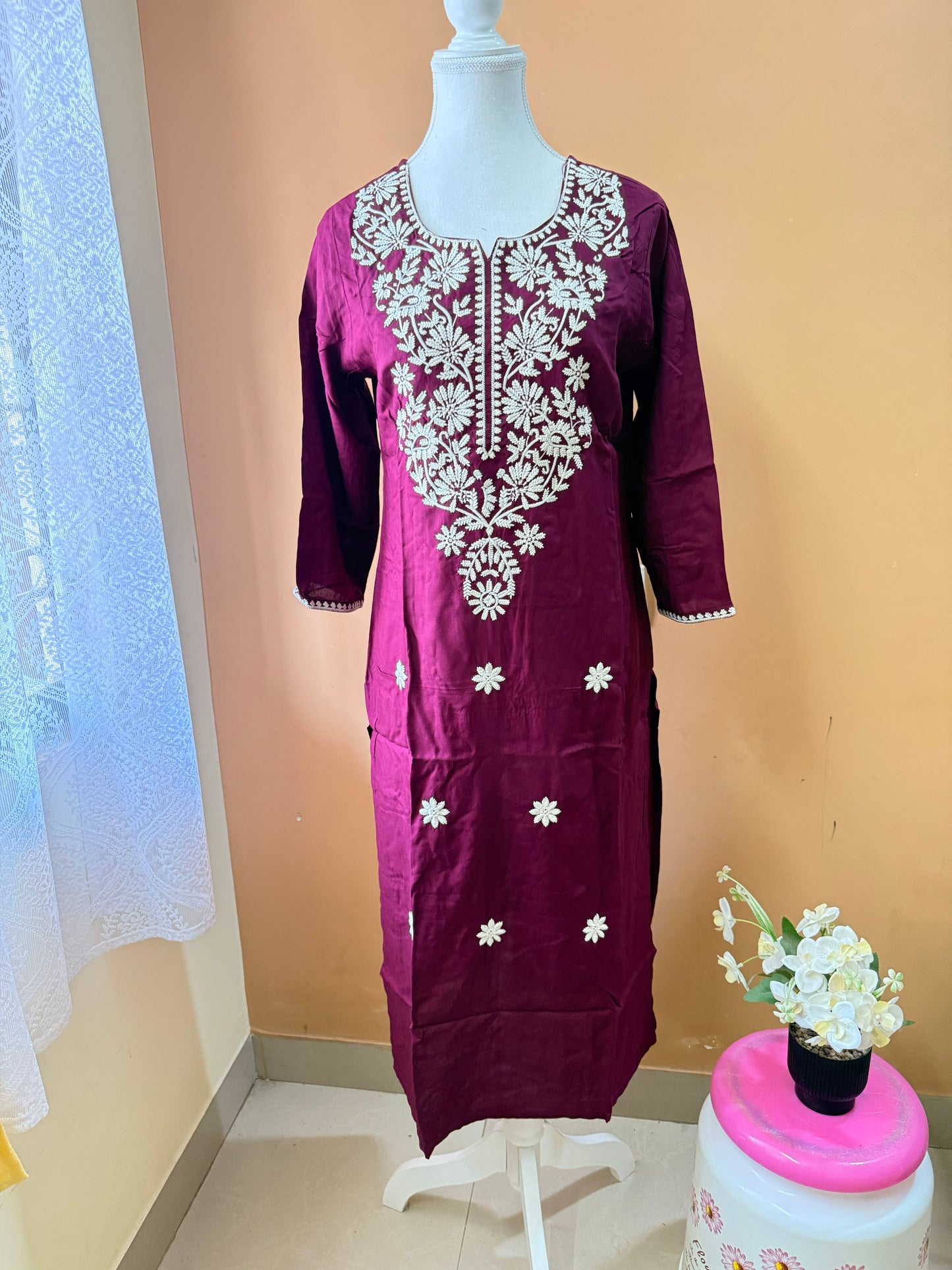 Wine Rayon Cotton Embroidery Kurti Pant and Dupatta set
