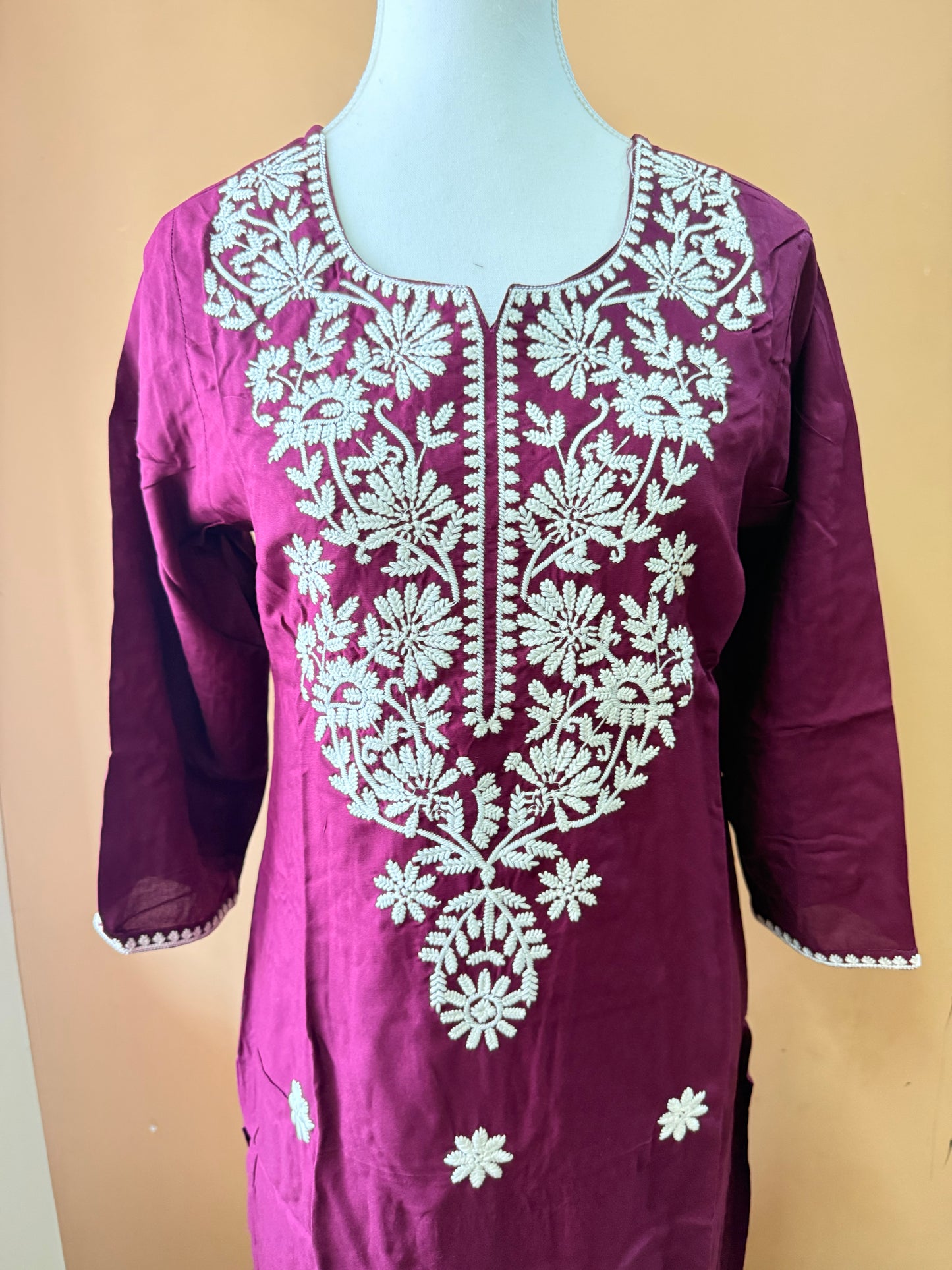 Wine Rayon Cotton Embroidery Kurti Pant and Dupatta set