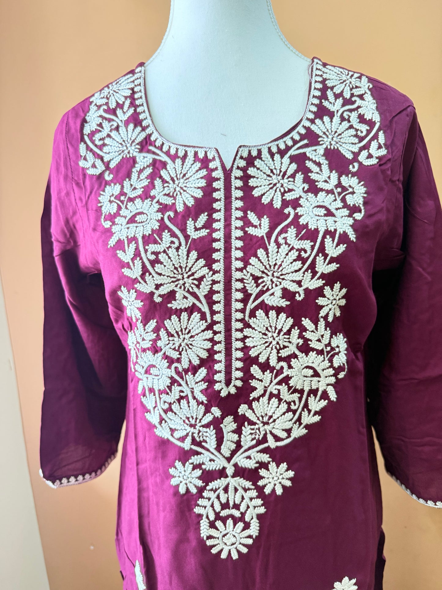 Wine Rayon Cotton Embroidery Kurti Pant and Dupatta set