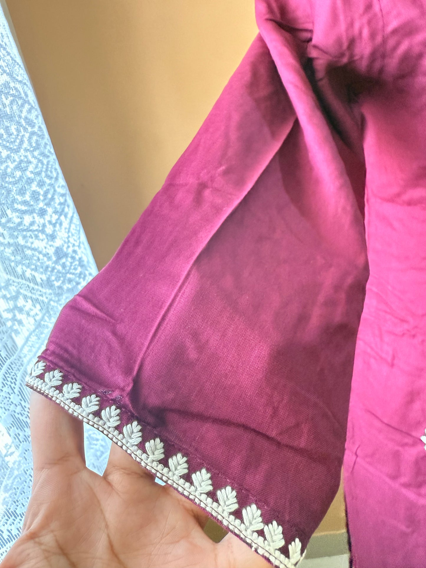 Wine Rayon Cotton Embroidery Kurti Pant and Dupatta set
