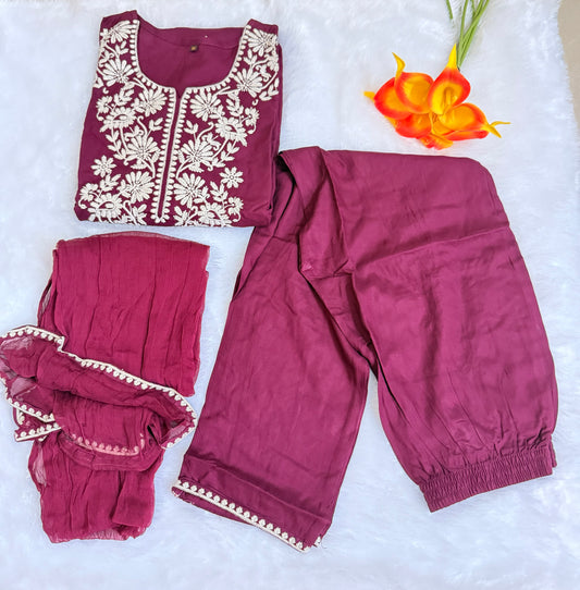 Wine Rayon Cotton Embroidery Kurti Pant and Dupatta set