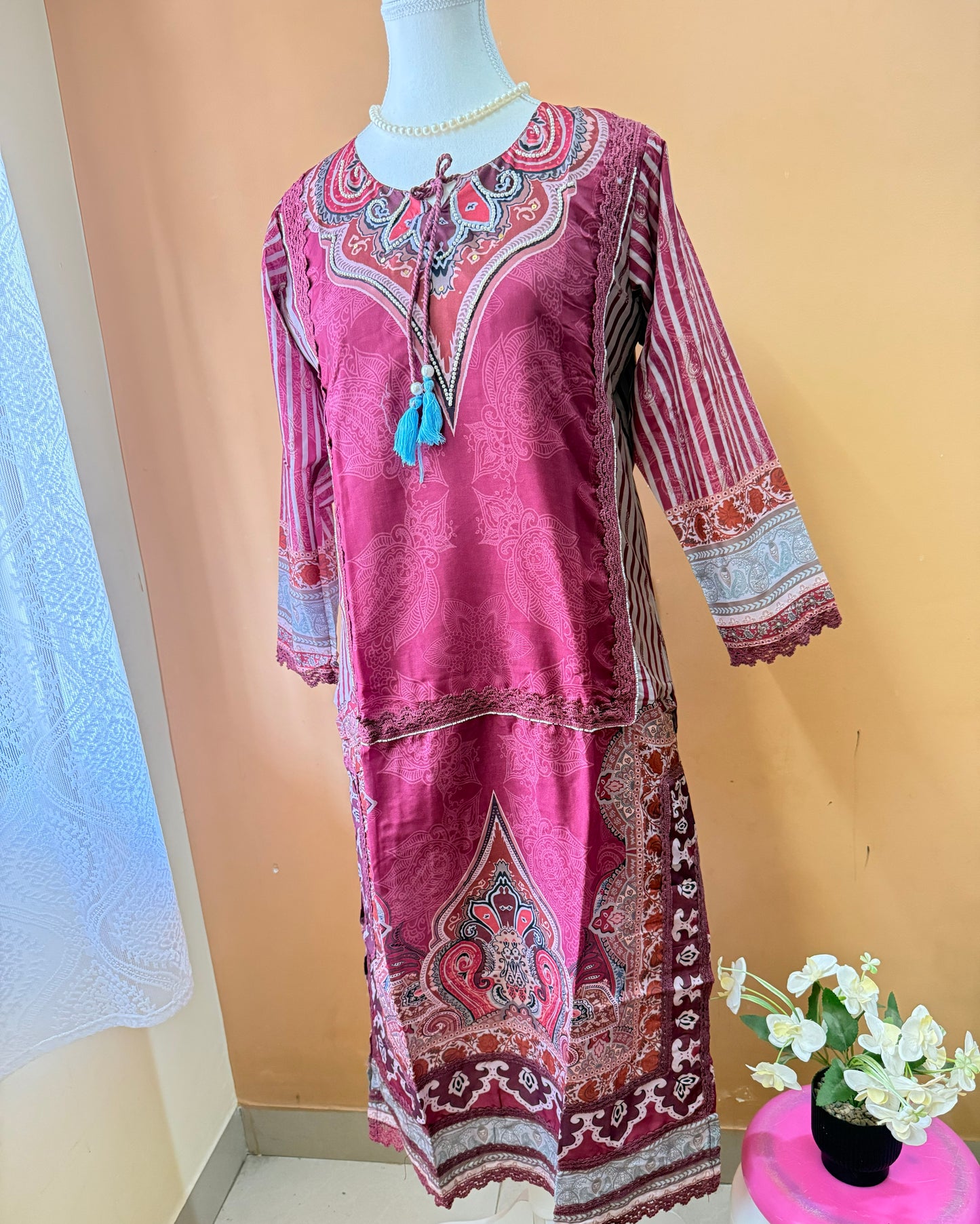 Wine Premium Muslin Kurti, Pant and Dupatta set