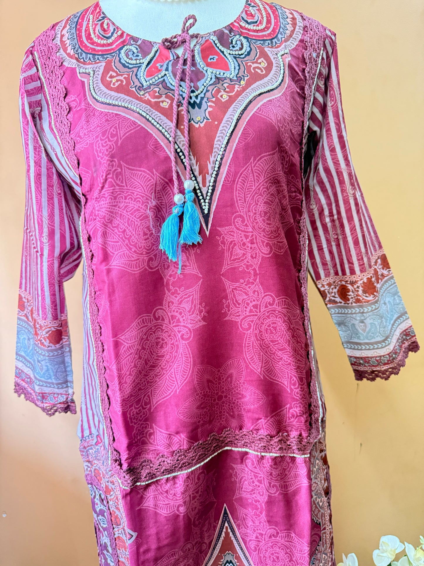 Wine Premium Muslin Kurti, Pant and Dupatta set