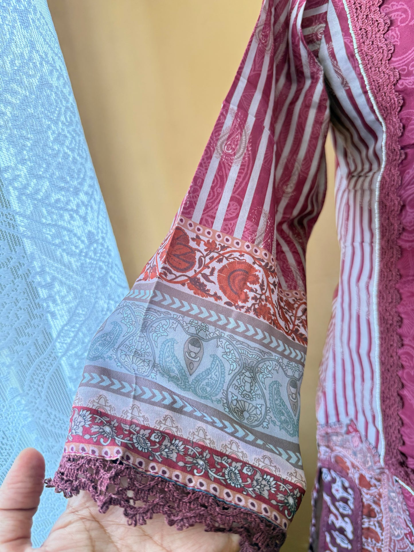 Wine Premium Muslin Kurti, Pant and Dupatta set
