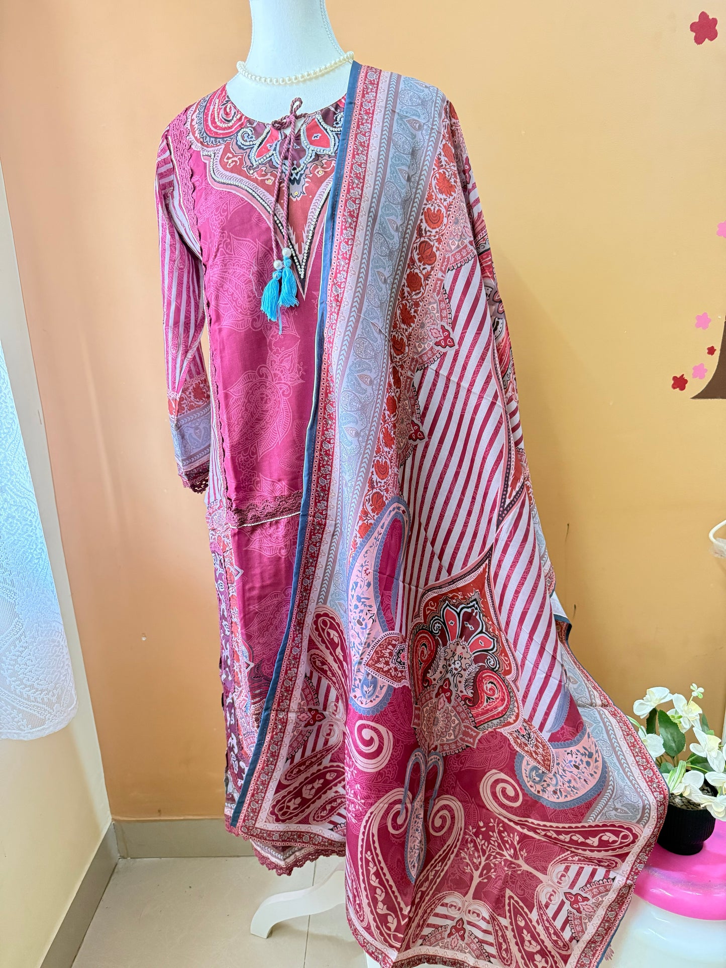 Wine Premium Muslin Kurti, Pant and Dupatta set
