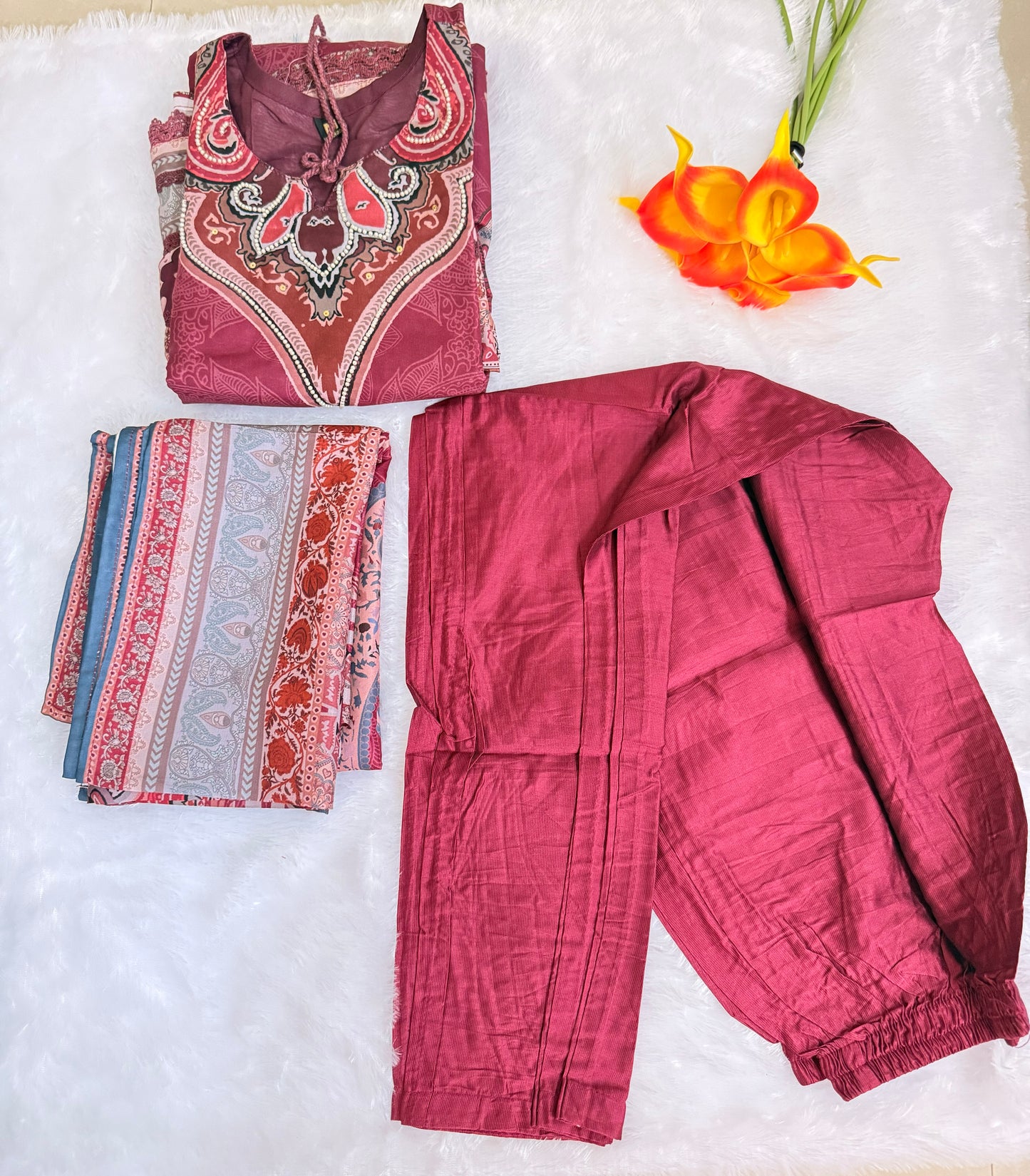 Wine Premium Muslin Kurti, Pant and Dupatta set