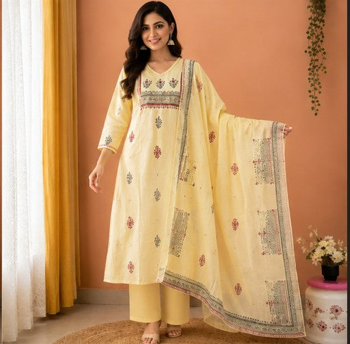Yellow Premium Soft Mul Cotton Kurti Pant Dupatta set