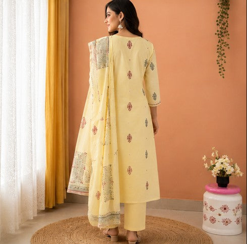 Yellow Premium Soft Mul Cotton Kurti Pant Dupatta set