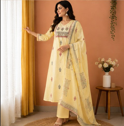 Yellow Premium Soft Mul Cotton Kurti Pant Dupatta set