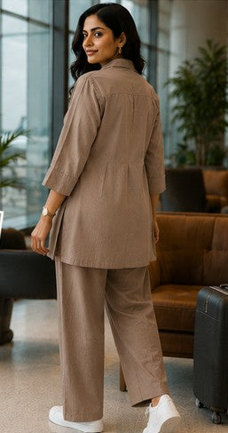 TAUPE-Brown White Embroidered Cotton Short Coord Set