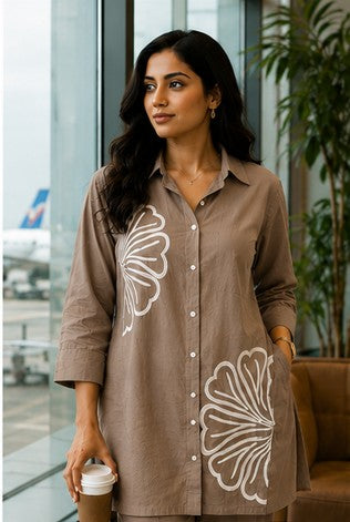 TAUPE-Brown White Embroidered Cotton Short Coord Set