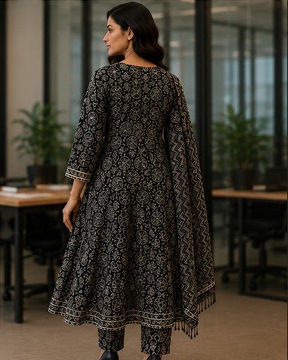 Black Cotton FROCK Pattern Kurti Pant Dupatta set