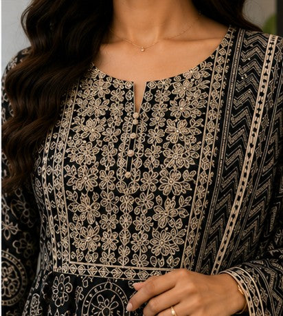 Black Cotton FROCK Pattern Kurti Pant Dupatta set