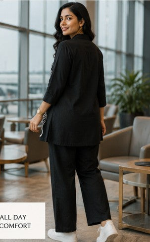 Black Embroidered Cotton Short Coord Set