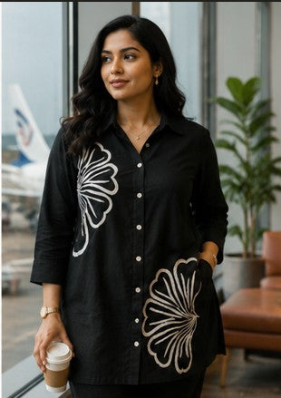 Black Embroidered Cotton Short Coord Set