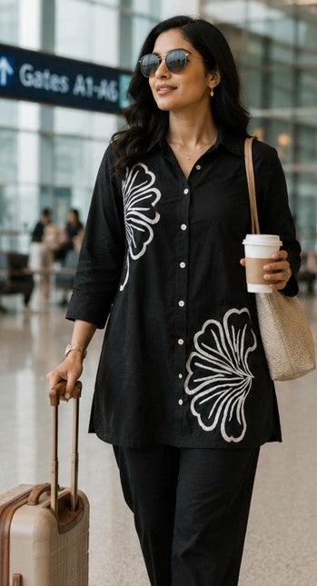 Black Embroidered Cotton Short Coord Set