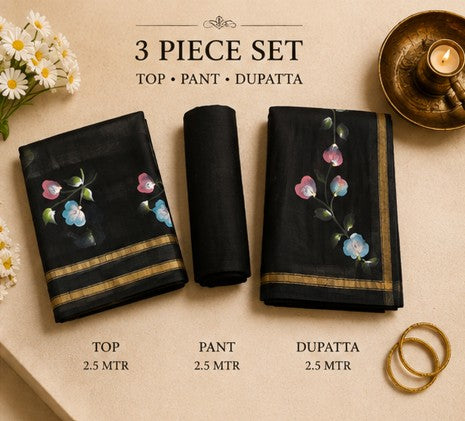 Black Chanderi Silk Dress Material