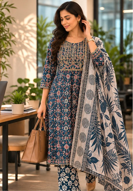 Blue Cotton FROCK Pattern Kurti Pant Dupatta set