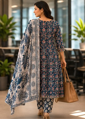 Blue Cotton FROCK Pattern Kurti Pant Dupatta set