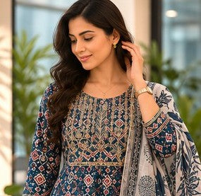 Blue Cotton FROCK Pattern Kurti Pant Dupatta set
