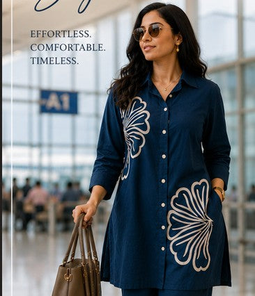Teal  Blue White Embroidered Cotton Short Coord Set