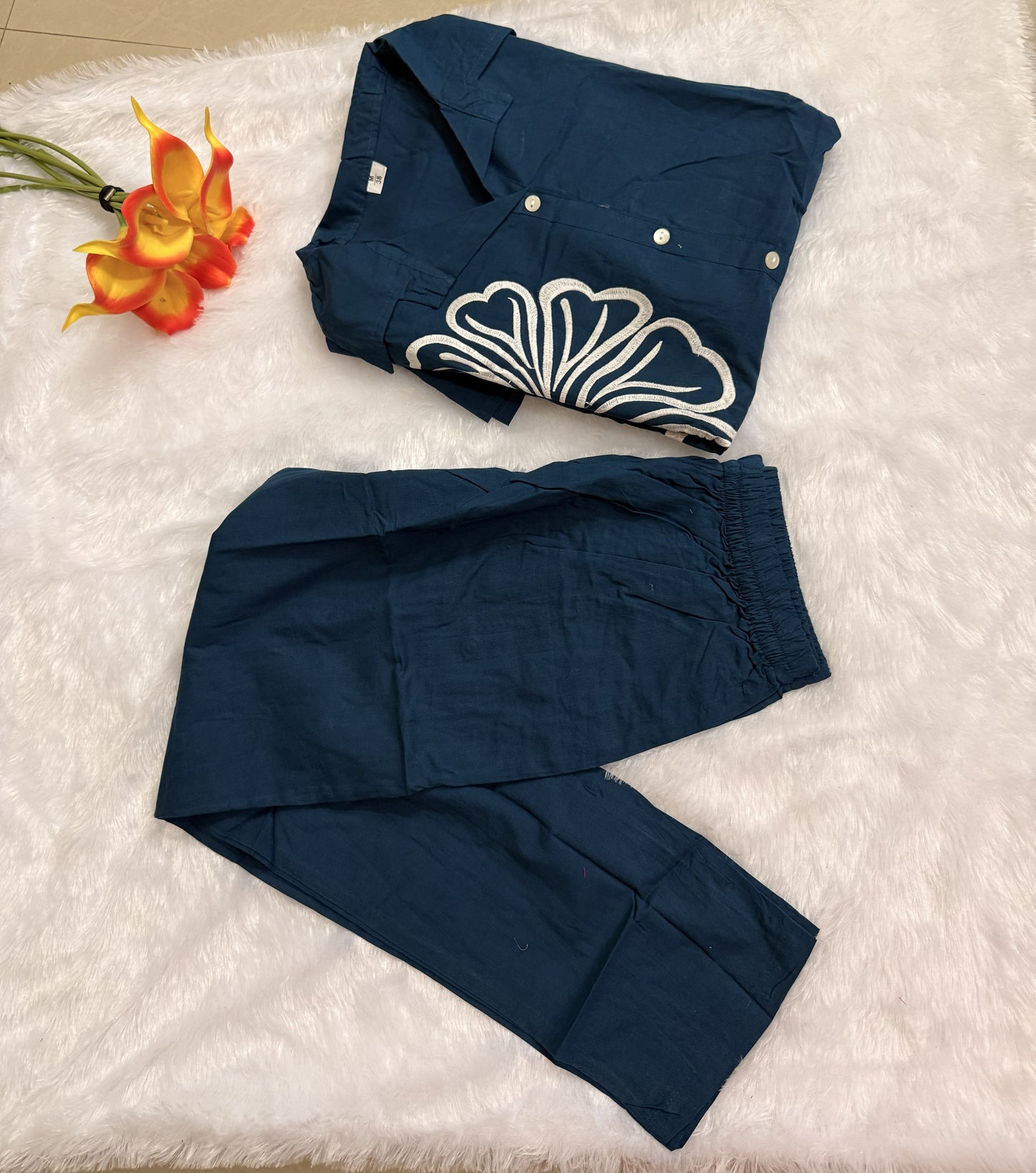 Teal  Blue White Embroidered Cotton Short Coord Set