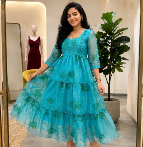 Peacock Blue Soft Kota Layered Maxi Dress