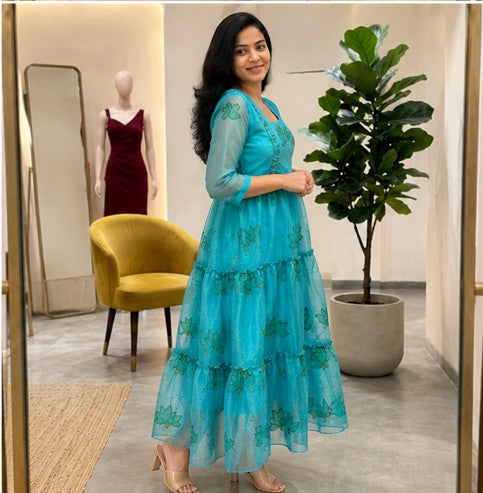 Peacock Blue Soft Kota Layered Maxi Dress