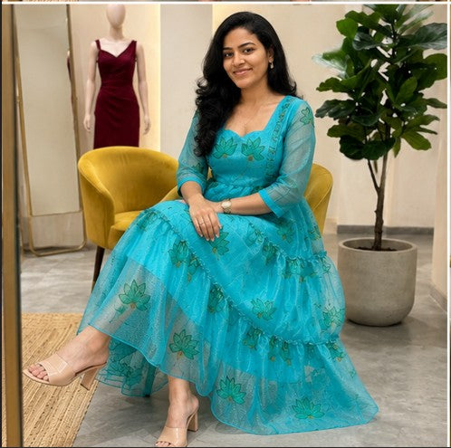 Peacock Blue Soft Kota Layered Maxi Dress