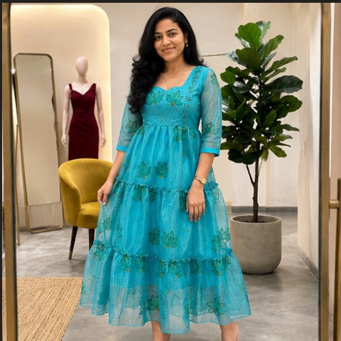 Peacock Blue Soft Kota Layered Maxi Dress