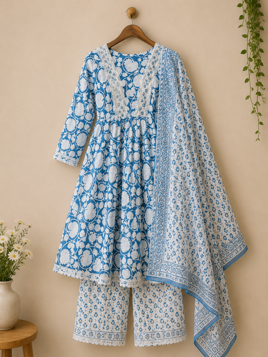 TealBlue Premium Cotton Printed Kurti, Pant, Dupatta set