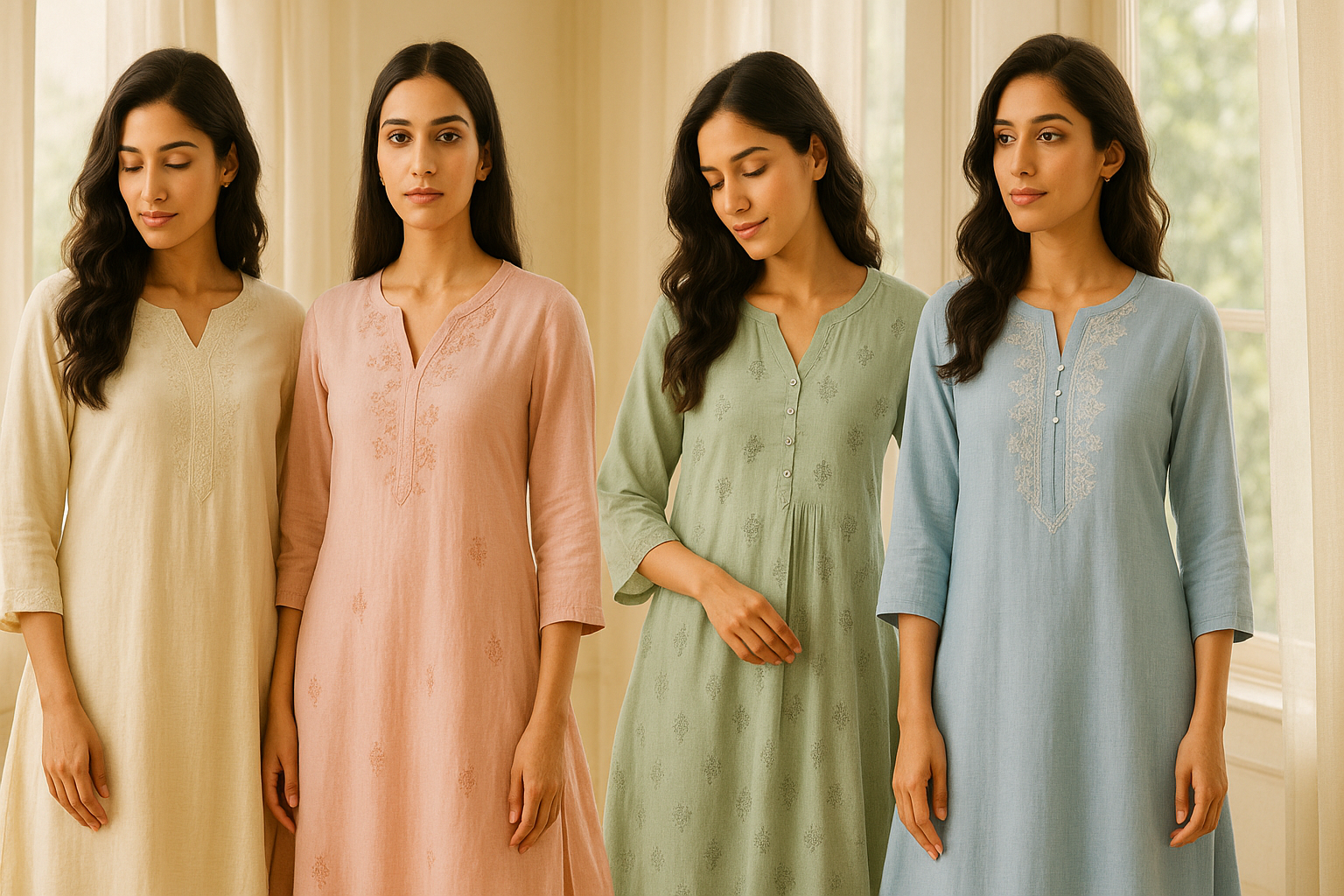 CREATE BANNER IMAGE SHOWCASING BEATUFUL WOMEN WEAR COTTON AND LINEN KURTI'S EXPRESSING LUXURY AND COMFORT