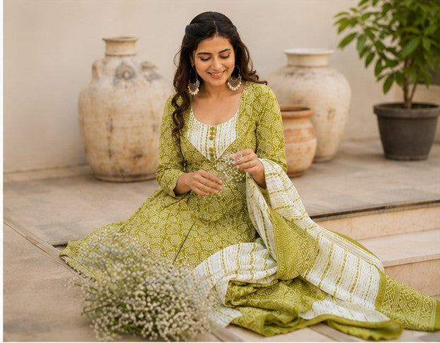 Green Anarkali 3 Piece Set