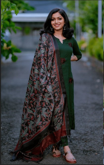 Green Cotton dress with heavy printed dupatta