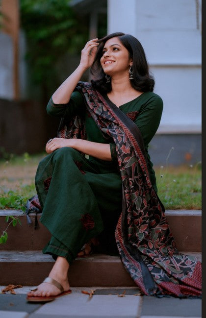 Green Cotton dress with heavy printed dupatta