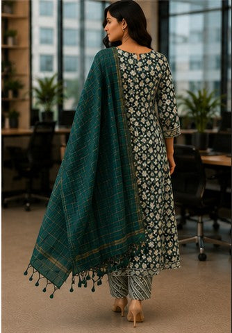 Green Cotton FROCK Pattern Kurti Pant Dupatta set