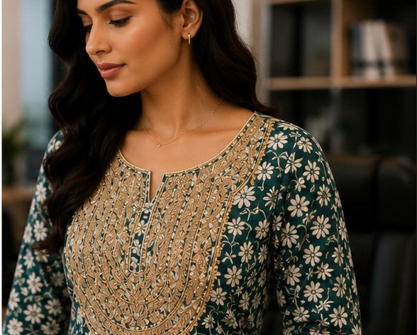 Green Cotton FROCK Pattern Kurti Pant Dupatta set