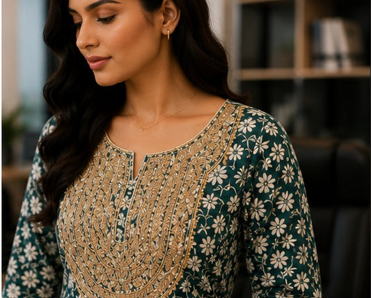 Green Cotton FROCK Pattern Kurti Pant Dupatta set