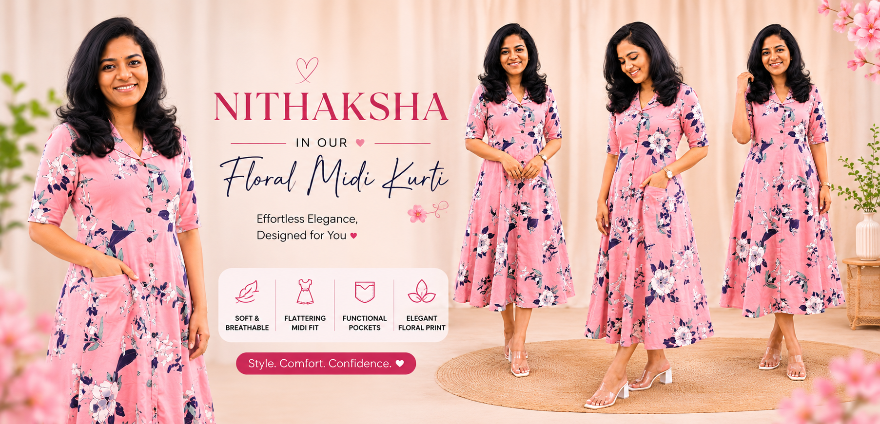 Woman wearing a pink floral dress with product details and branding on a beige background