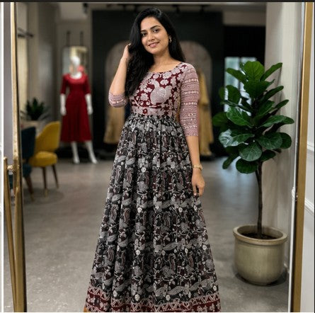 Maroon-Black Soft Kota kalamkari Maxi Frock
