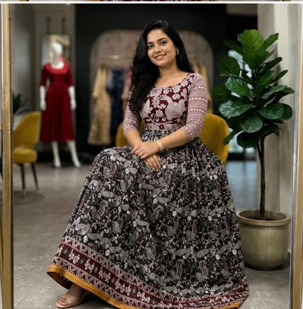 Maroon-Black Soft Kota kalamkari Maxi Frock