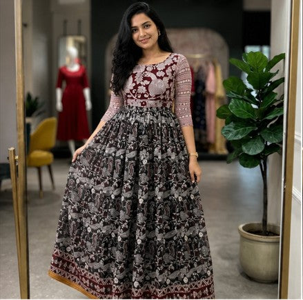Maroon-Black Soft Kota kalamkari Maxi Frock