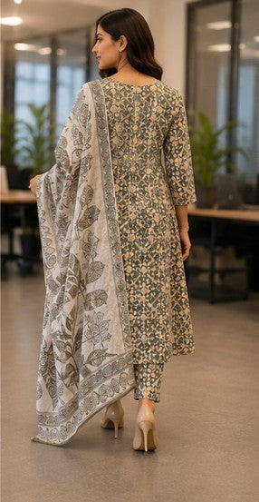 Olive Cotton FROCK Pattern Kurti Pant Dupatta set