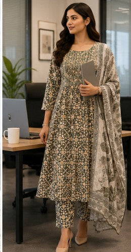 Olive Cotton FROCK Pattern Kurti Pant Dupatta set