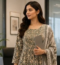Olive Cotton FROCK Pattern Kurti Pant Dupatta set