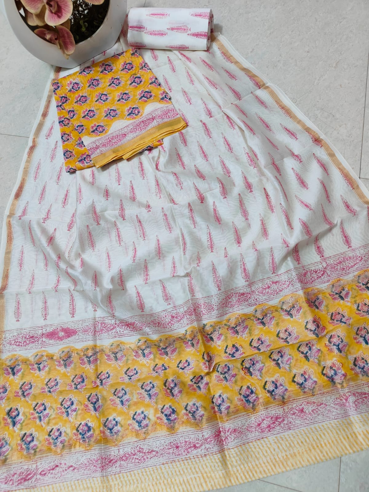 YellowPink Chanderi Silk Dress Material