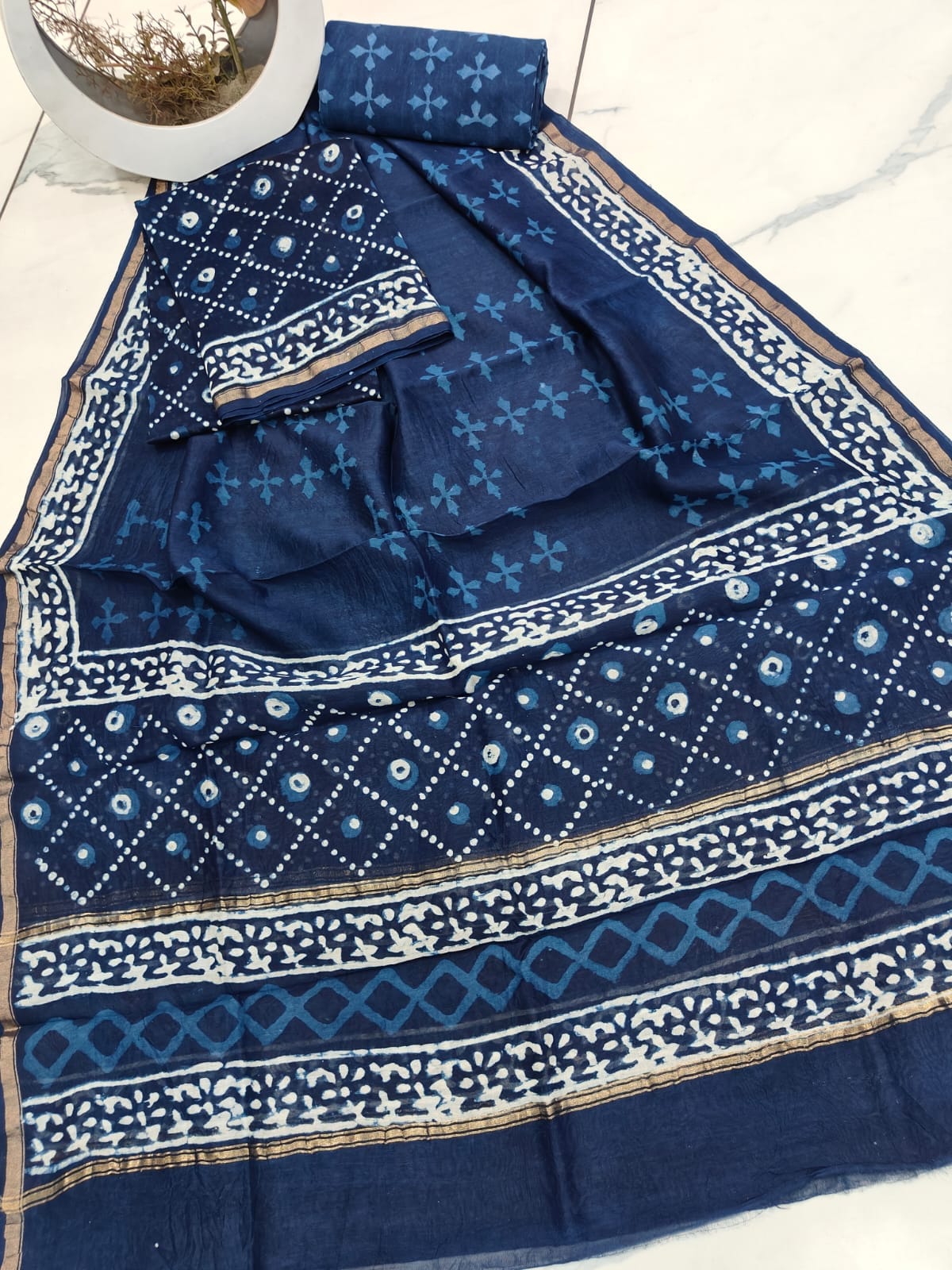 BlueWhite Chanderi Silk Dress Material